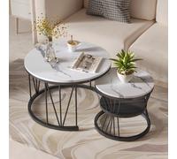 Lot de 2 tables basses 70*45cm, table 45*40cm avec plateau blanc et repose pieds noir, table basse ronde intégrée côté canapé Caractéristiques:[Conception unique] L'ensemble de tables basses rondes mo