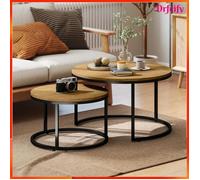 Lot de 2 tables basses - AKOZON - Gigognes encastrables - Plateau imitation ciment marron - Piètement métal - Industriel