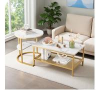 Lot de 2 Tables Basses Gigognes avec Cadre en Métal et Placage Marbre Table Basse Salon Rectangulaire Table d'Appoint Ronde Blanc