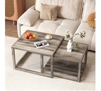 Lot de 2 Tables Basses Gigognes Empilables COSTWAY, Étagère de Rangement, Table Basse Salon en Bois de Caoutchouc pour Chambre,Gris
