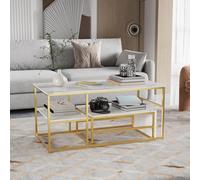 Lot de 2 Tables Basses Gigognes Modernes, Cadre Métal Doré, Placage Marbre, Carrée, Salon, Canapé, Chambre