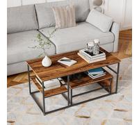 Lot de 2 Tables Basses Gigognes Modernes, Cadre Métal Noir, Placage Marbre, Carrée, Salon, Canapé, Chambre