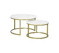 HOMCOM Lot de 2 tables basses gigognes rondes plateau MDF Blanc aspect marbre et pied en métal doré