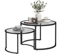 HOMCOM Lot de 2 tables basses gigognes rondes plateau verre trempé et pied en acier au carbone noir