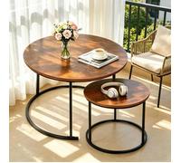 Lot de 2 Tables Basses Rondes Industrielles PIPIPOXER,Design Nidifiait,Plateau en Bois Marron Pieds en Métal Noir, Table de Salon