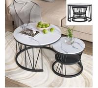 Lot de 2 Tables Basses Rondes, Table Basse Gigogne Moderne, 70x70x45 & 45x45x40, Table de Salon avec Effet marbre, Blanc et Noir