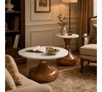 Lot de 2 tables basses rondes - Table d'appoint moderne - Blanc + marron | Ensemble de table de salon, table de canapé avec plateau en mélamine et pied en métal pour salon, chambre à coucher