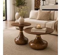 Lot de 2 tables basses rondes - Table d'appoint moderne - Marron noyer | Ensemble de table de salon, table de canapé avec plateau en mélamine et pied en métal pour salon, chambre à coucher