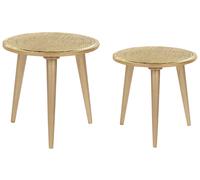 Lot de 2 Tables d'Appoint Dorées en Bois de Manguier Motif de Plantes Rond