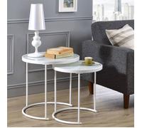 IDIMEX Lot de 2 Tables d'appoint LEYRE Tables Basses de Salon gigognes, Tables à café, Bouts de canapé Design Industriel, Plateau Rond en Verre trempé Blanc Cadre en métal Blanc