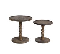 Lot de 2 Tables d'Appoint Traditionnel en Bois de Manguier Foncé Salon Rond