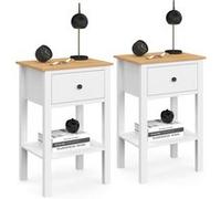 IDMarket – Lot de 2 tables de chevet Achille – 1 tiroir et 1 tablette – Blanc, plateau bois
