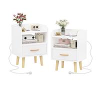 Lot de 2 tables de chevet avec 1 tiroir et niche - VIVOLILV chevet de lit avec Prise 40 x 30 x 55cm Blanc -Pieds en bois