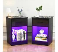 Lot de 2 Tables de chevet Avec 2 Prises AC, 2 Ports USB - PIPIPOXER - 40x35x60 cm - Avec Tiroir et Compartiment ouvert - Noir