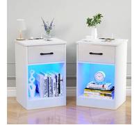 Lot de 2 Tables de chevet Avec 2 Prises AC, 2 Ports USB - PIPIPOXER - 40x35x60 cm - Avec Tiroir et Compartiment ouvert - Blanc