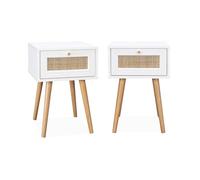 Lot de 2 tables de chevet décor bois blanc et cannage avec 1 tiroir