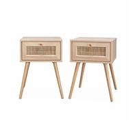Lot de 2 tables de chevet décor bois & cannage avec 1 tiroir - Bohème