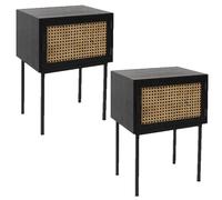 Lot de 2 Tables de chevet en cannage 1 porte en Bois et métal - Noir et marron