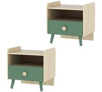 Lot de 2 tables de chevet enfant, tables de nuit enfant avec tiroir et niche, pour chambre d'enfant, 40x32,5x40cm, vert