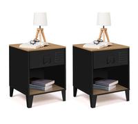 Lot de 2 tables de chevet ester 1 tiroir métal noir avec niche et plateau façon hêtre design industriel