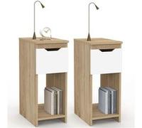 Lot de 2 tables de chevet étroites ANOUK 1 tiroir avec niche bois façon hêtre et blanc Bois