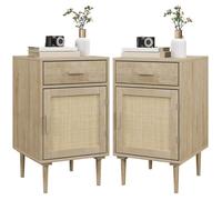 Lot de 2 tables de chevet HOMCOM avec placard et étagère porte rotin tissé + 1 tiroir design bohème - 40 x 40 x 68,5 cm naturel