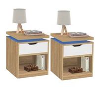 IDMarket Lot de 2 tables de chevet LUNA à LEDS 1 tiroir niche hêtre et blanc
