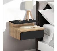 IDMarket - Lot de 2 Tables de Chevet murales TOMI 1 tiroir + 1 Tablette étagère Suspendue + 1 Tablette façon hêtre et Noir