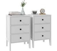 Lot de 2 tables de chevet style néo-rétro - 3 tiroirs coulissants, poignées boutons métal noir - blanc Blanc G
