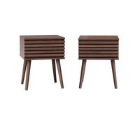 Lot de 2 tables de chevet style scandinave décor bois avec tiroir rainuré noyer et pieds compas