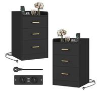 Lot de 2 tables de chevet - Table d'appoint avec station de recharge - 3 tiroirs - 2 prises électriques - 2 ports USB - Bois - Noir