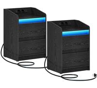Lot de 2 tables de chevet - Tables d'appoint avec éclairage LED - Station de recharge avec ports USB et prises électriques - 2 tiroirs - Panneau de particules - Noir