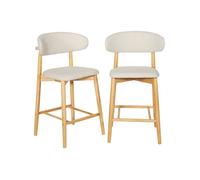Lot de 2 tabourets de bar en bois d'hévéa naturel et tissu bouclette crème - Paola