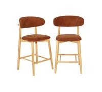 Lot de 2 tabourets de bar en bois d'hévéa naturel et tissu chenille terracotta - Paola