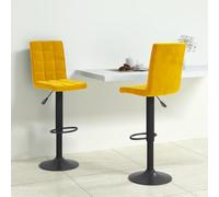 Lot de 2 tabourets de bar en velours jaune moutarde avec vérin à gaz | Cadre en acier noir revêtu par pulvérisation, repose-pieds intégré, max. 110 kg par siège, polyvalent