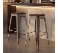 lot de 2 tabourets de bar HWC-A73, assise en bois incluse, chaise de bar tabouret de comptoir, métal design industriel empilable ~ gris