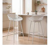 Lot de 2 tabourets de bar IREK chaise haute cuisine ou comptoir au design retro en plastique et métal blancs, hauteur d'assise 75 cm