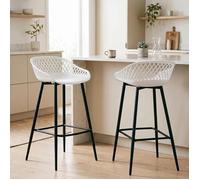 Lot de 2 tabourets de bar IREK chaise haute cuisine ou comptoir, en plastique blanc et métal noir, hauteur d'assise 75 cm