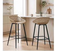 Lot de 2 tabourets de bar IREK chaise haute pour cuisine ou comptoir au design retro, en plastique beige et métal noir