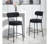 Lot de 2 tabourets de bar noirs avec dossier et revêtement en polaire, tabourets de cuisine en polyester et acier, tabourets de comptoir rembourrés | Hauteur d'assise : 65 cm | Charge maximale : 120 k