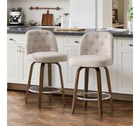 Lot de 2 Tabourets de Bar Pivotants 65 cm, Dossier à Boutons, Beige-brun | Assise 10 cm, mousse haute résilience, pieds de chaise en noyer, idéale pour îlot central, bar ou coin repas