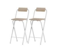 Lot de 2 tabourets de bar pliants avec dossier et repose-pieds acier blanc effet bois clair