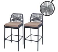 Lot De 2 Tabourets De Bar Rope Hwc-O21, Coussins D'extérieur En Corde Tressée Métal Anthracite, Coussin Taupe Gris