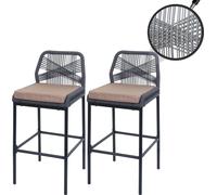lot de 2 tabourets de bar Rope HWC-O21, coussins d'extérieur en corde tressée métal ~ anthracite, coussin taupe