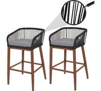 lot de 2 tabourets de bar Rope HWC-O22, coussins d'extérieur en corde tressée métal aspect bois ~ anthracite, coussin gris clair