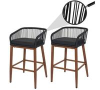 Lot De 2 Tabourets De Bar Rope Hwc-O22, Coussins D'extérieur En Corde Tressée Métal Aspect Bois Anthracite, Coussin Gris Foncé Marron