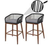 Lot De 2 Tabourets De Bar Rope Hwc-O22, Coussins D'extérieur En Corde Tressée Métal Aspect Bois Anthracite, Coussin Gris Clair Marron
