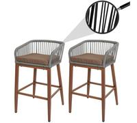 Lot De 2 Tabourets De Bar Rope Hwc-O22, Coussins D'extérieur En Corde Tressée Métal Aspect Bois Gris Clair, Coussin Taupe Marron