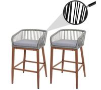 Lot De 2 Tabourets De Bar Rope Hwc-O22, Coussins D'extérieur En Corde Tressée Métal Aspect Bois Gris Clair, Coussins Gris Clair Marron