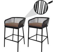 lot de 2 tabourets de bar Rope HWC-O22, tabouret de bar, Outdoor assise rembourrée corde tressée métal ~ anthracite, coussin taupe